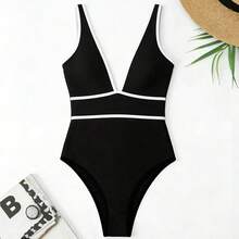 Traje de baño de una pieza y elegante para mujer con escote en V profundo y espalda en U, en blanco y negro, mejor vendido para el verano, conjunto de traje de baño y vacaciones en la playa - Negro - Ver 1