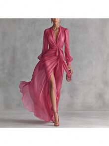 Elegante vestido largo rosa para mujer con bajo asimétrico, escote en V profundo y detalles de volantes fluidos, ideal para fiestas. - Rosa Fucsia - Ver 1