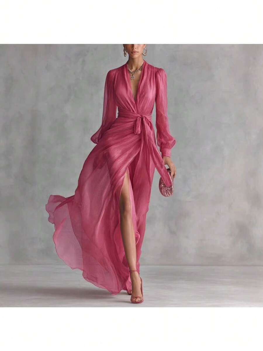 Elegante vestido largo rosa para mujer con bajo asimétrico, escote en V profundo y detalles de volantes fluidos, ideal para fiestas. - Rosa Fucsia - Ver 1