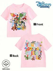 Disney 'Toy Story' All-Star Characters Including Woody, Buzz Lightyear, Jessie, Rex, The Aliens, Slinky Dog, Hamm, And Mr. Potato Head Patterned Summer Pink Top, Short-Sleeved Casual Cute Style, Suitable For Teenagers And Children, Perfect For Fashionable Girls. Comfortable And Casual, Suitable For Year-Round Wear. Classic Disney Patterns, Ideal For Travel, Perfect For Girls To Wear When Visiting Disneyland. - 粉色 - 查看 2
