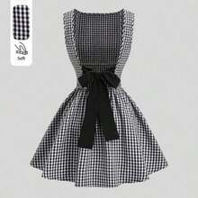 dahkjdgajy  Vestido casual de mujer con cuello barco, sin mangas, con estampado de cuadros, espalda descubierta, contraste de color, lazo en la cintura y silueta evasé, para primavera/verano - Blanco y Negro - Ver 1