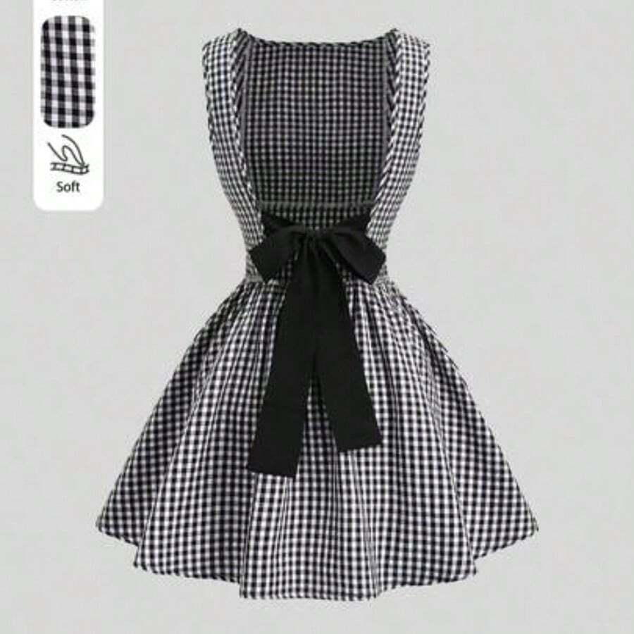 dahkjdgajy Vestido casual de mujer con cuello barco, sin mangas, con estampado de cuadros, espalda descubierta, contraste de color, lazo en la cintura y silueta evasé, para primavera/verano - Blanco y Negro - Ver 1