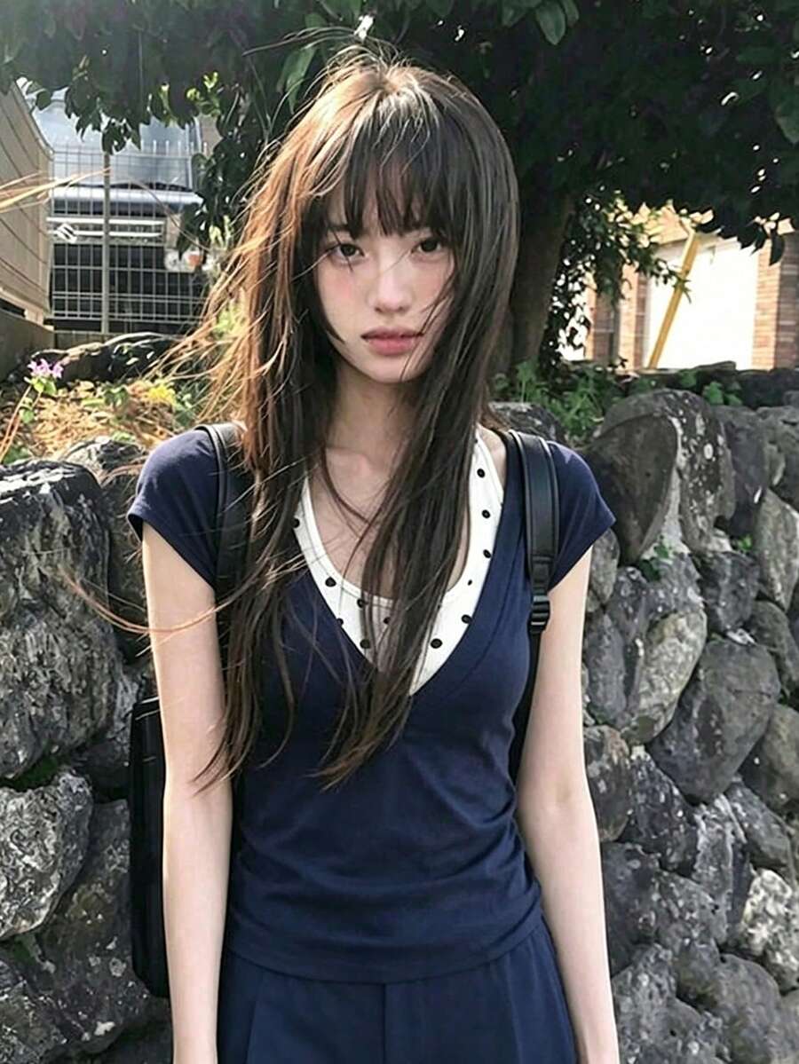 韓系辣妹V領短袖黑色女款夏季新款修身顯瘦時尚高級上衣優雅 - 藏蓝色 - 查看 1