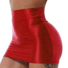 Women's Shiny Patent Leather Skirt, Sexy Low-Rise Mini Skirt For Club, Party, Pole Dancing, Stage Performance - Burgundy - View 1