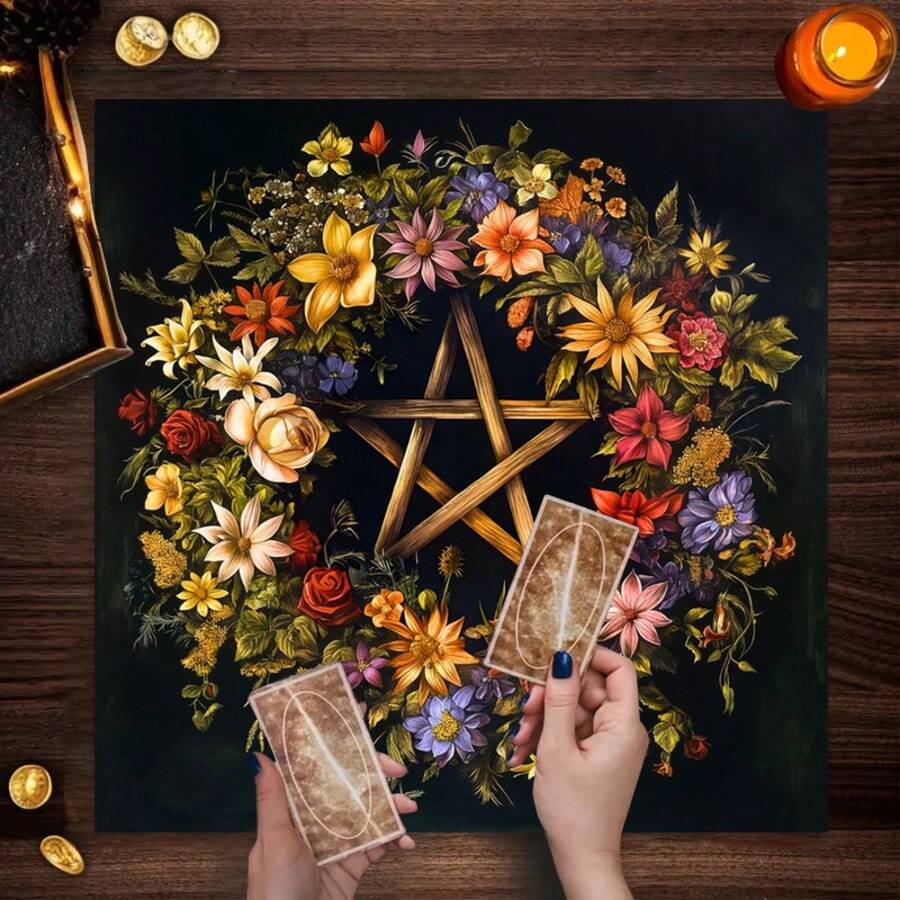 1pc Mystic Pentagram Tablecloth Gold Thread Dining Table Decor & Accessories Bohemian Tarot Card Decor - Black - View 1