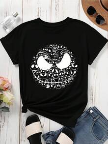 Disney Women Casual T Shirt  Black Jack Skellington Face Design Halloween Party Wear - 黑色 - 查看 3