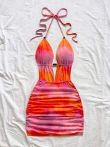 Women's Solid Color Textured Halter Neck Fitted Mini Dress For Holiday - 黑色 - 查看 1