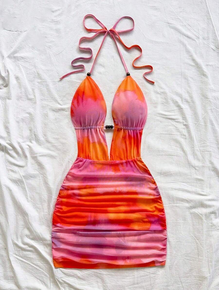 Women's Solid Color Textured Halter Neck Fitted Mini Dress For Holiday - 黑色 - 查看 1