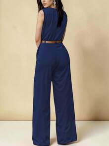 Elegant Palazzo Jumpsuit With Crossover Neckline And Adjustable Belt Included - Navy Blue - View 2