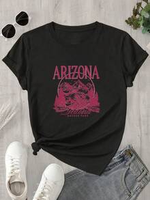 Camisa de mujer de manga corta y cuello redondo con estampado del logotipo de la huella del vino de Arizona, apta para todas las estaciones. - Negro - Ver 1