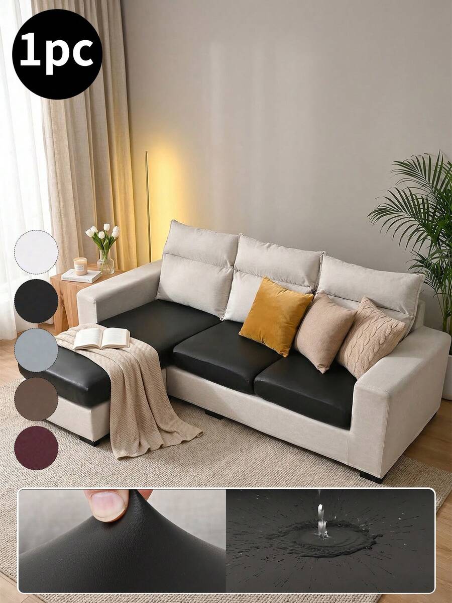 1pc Waterproof PU Sofa Cushion Cover, Old Sofa Renewal Tool! Elastic Dust-Proof, Removable, Cream Color Versatile, Low-Cost Renovation For Old Sofas, Recommended For Renters - PU Sofa Cushion Cover - View 1