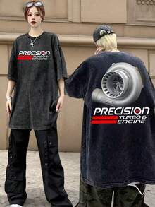 Camiseta negra unisex vintage lavada de manga corta oversized con gráfico de motor de precisión para hombres y mujeres - Negro - Ver 3
