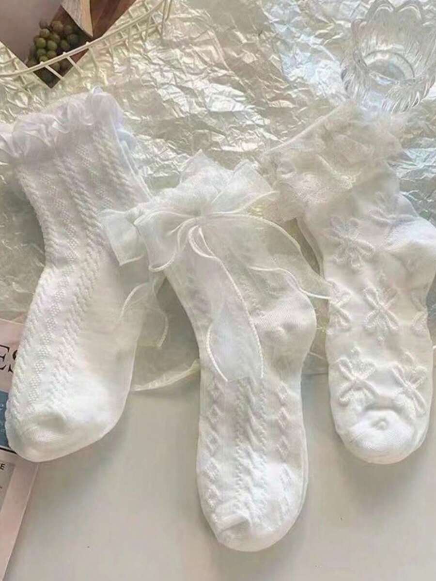 2雙女款蕾絲中筒襪 - 白色 - 查看 1