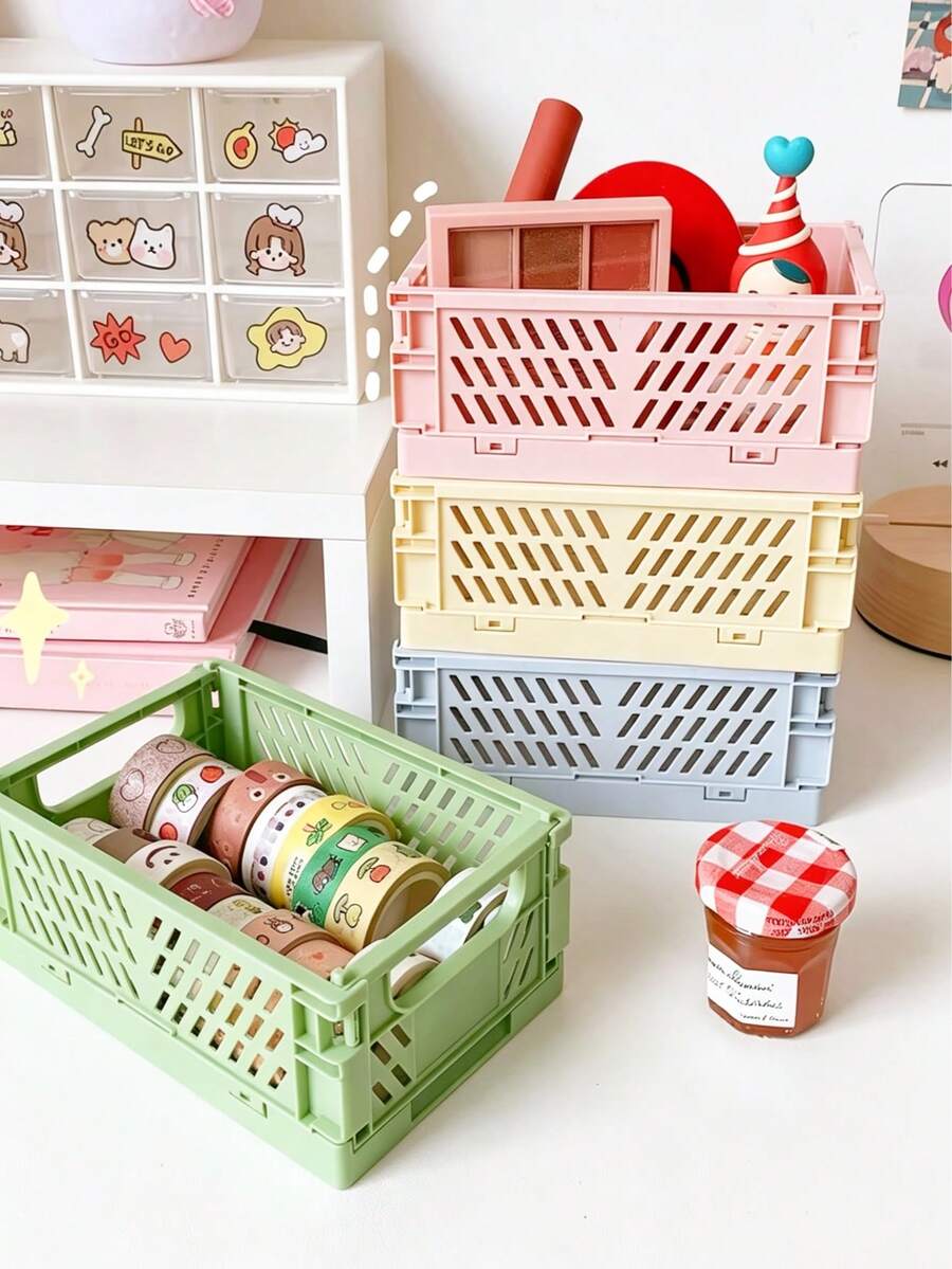 Colorful Foldable Desktop Storage Box, Portable Foldable Storage Basket, Open Design, Used For Storing Stationery And Miscellaneous Items, Stackable Space-Saving, Suitable For Back To School Student Desk Storage And Office Storage School Supplies - Fold - View 1