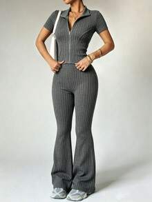 Women's Yoga Set: Short-Sleeve Zip-Up Jacket And High-Waisted Flare Pants - Breathable, 4-Way Stretch, Suitable For Yoga, Pilates, And Gym Workouts (Available In Various Colors And Sizes) Black Summer Sports - 深灰色 - 查看 2