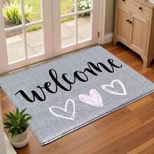 1pc Light Gray Welcome Heart Pattern Printed Faux Cashmere Surface TPR Bottom Door Mat, Bathroom Mat, Kitchen Mat, Laundry Mat, Holiday Atmosphere Decor, Home Decor, Party Decor, Wedding Decor, Dining & Kitchen Decor - Multicolor - View 7