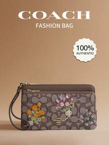 Coach Double Zip Wallet 20 Women's Double Zipper Wristlet Wallet Clutch Bag Signature Print Coin Purse With Wrist Strap - Brown - View 1