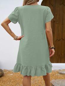 Vestido de Mujer con Cuello en V, Mangas de Concha y Volantes - Gris azul - Ver 3