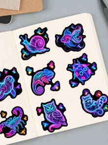 50 Peças Adesivos de Animais Neon, Contorno Neon Chamativo de Selva e Animais Fofos, Adesivos à Prova d'Água, Adequados para Skate, Bagagem, Console de Jogos e Decoração de Quarto - Roxo - Visão 5