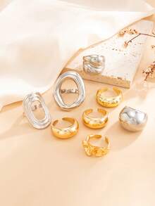 8pcs Bohemian Style Chunky Mixed Metal Rings, Stackable Gold And Silver Tone Personalized Rings, Suitable For Daily And Party Wear - Color Mixing - View 5