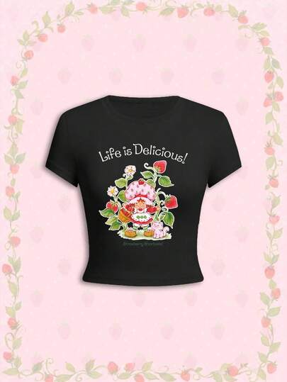 SHEIN X Strawberry Shortcake Áo thun nữ tay ngắn mùa hè in họa tiết IP, phong cách đa năng, hơi hướng Y2K & Retro, thường ngày