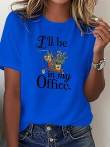 1 Piece Women's Funny T-Shirt With Floral Garden Cart Print And The Phrase "I'm At The Office" - Loose Fit Black Short Sleeve Crew Neck T-Shirt, 100% Casual, With Shopping Cart Designs And Office Humor, Suitable For Work Or Casual Wear - Comfortable All Season T-Shirt With Geometric Pattern, Machine Washable, Versatile Style, Suitable For Office Or Casual Wear - Perfect Choice For Gardening And Shopping Enthusiasts, Short Sleeve T-Shirt For Women. Printed T-Shirt - 藍色 - 查看 1