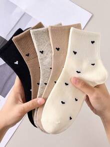 5 Pairs Women's Ankle Socks, Black And White Heart Pattern, Light And Light Colors, Random Colors - Style a - View 2
