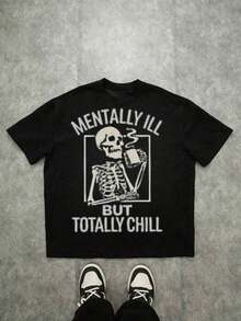 LXF2026Humorous Mentally Ill But Totally Relaxed Skeleton T-Shirt, Comfortable And Casual Short Sleeve, 220g Heavy Cotton Printed T-Shirt, Halloween, Autumn Clothing, Oversize XIAM - 黑色 - 查看 1