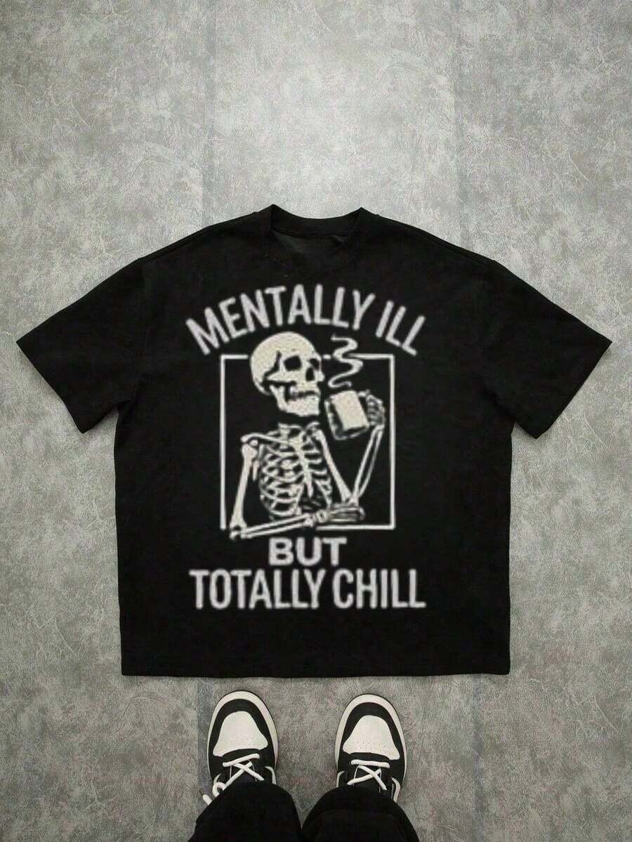LXF2026Humorous Mentally Ill But Totally Relaxed Skeleton T-Shirt, Comfortable And Casual Short Sleeve, 220g Heavy Cotton Printed T-Shirt, Halloween, Autumn Clothing, Oversize XIAM - 黑色 - 查看 1