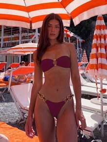新款春夏优雅性感酒红色纯色抹胸圆环女士比基尼泳装，适合海滩度假派对约会等场合。 - 酒紅色 - 查看 1