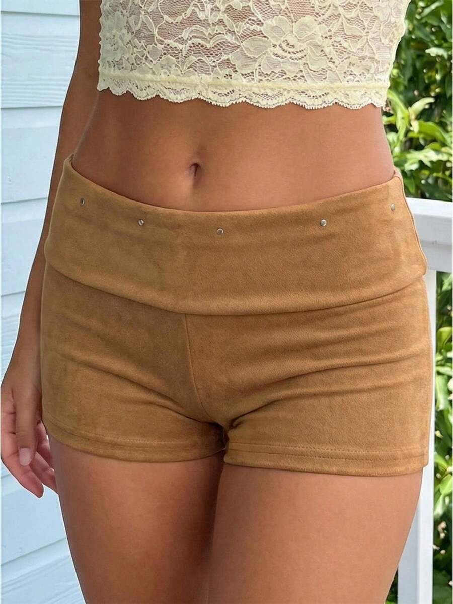 Mini Shorts For Women Low Rise Fashion Rivet Decor Decor Hot Pants Summer Fold Over Waistband Micro Shorts - Brown - View 1
