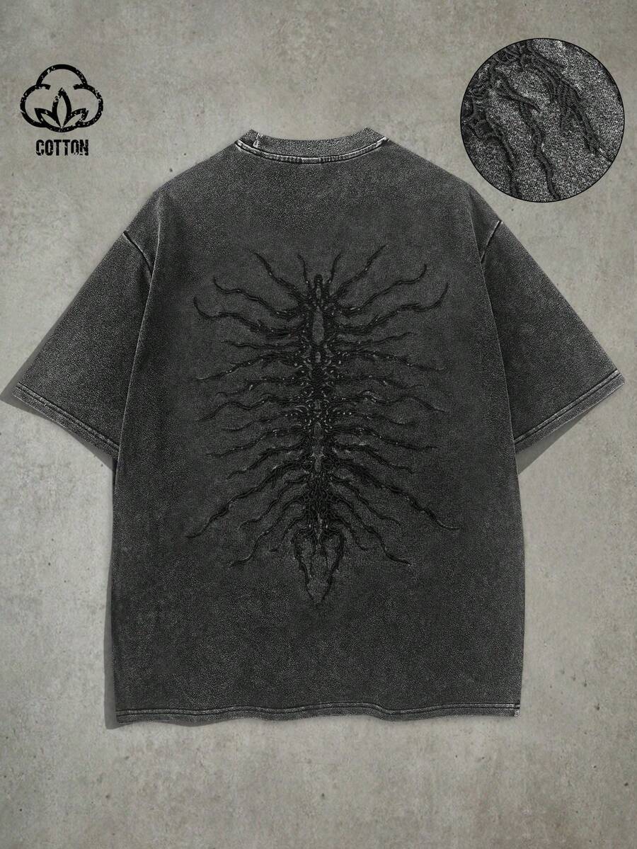 Manfinity Men's T-Shirt With Dark Letter Print On Washed Fabric, INS Street Style, Suitable For Music Festivals, Clubs, Gift For Boyfriend/Husband, Anniversary Gift. Unisex Washed T-Shirt. Y2K Style, Fashionable Style, Cute Style, Casual Style, Women's Blouses > Clothing. 230g (Sizes S-XXXL) - 6 - 查看 1