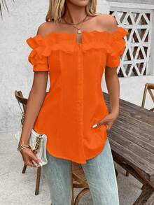 Talla Grande - Talla Grande - Camiseta de Mujer de Talla Grande, Color Sólido, Volantes y Hombros Descubiertos, Manga Corta - Naranja - Ver 7