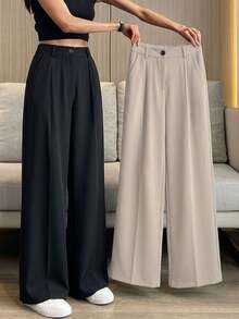 女款春夏高腰垂墜百褶修身剪裁日常通勤適用職場與休閒卡其色西裝長褲 - 卡其色 - 查看 5