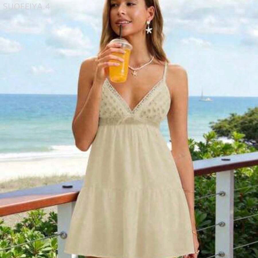 Fengyu Women's Clothing Store Vestido de tirantes con cuello en V, parches de encaje y bordado, unicolor, versátil para uso diario y vacaciones, para primavera/verano - Albaricoque - Ver 1
