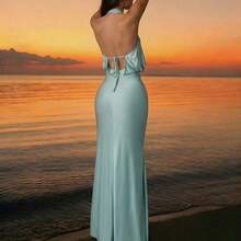 dahkjdgajy  Vestido elegante y digno de invitada de boda con elástico, vestido largo fruncido de cuello halter con tela brillante - Azul - Ver 5