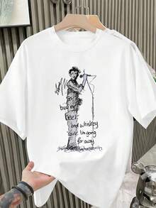 Camiseta de hombre con temática musical, estampado gráfico, tejido de alta calidad, cuello redondo, corte cómodo, estampado gráfico único. - Blanco - Ver 2