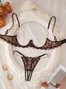 Women's Sexy Lingerie Set, Black Leopard Print Lace Trim With Gold Chain, 1/4 Cup Cut-Out Hollow Design, Breathable Unpadded, Adjustable Shoulder Straps, 2-Piece Set - Multicolor - View 2