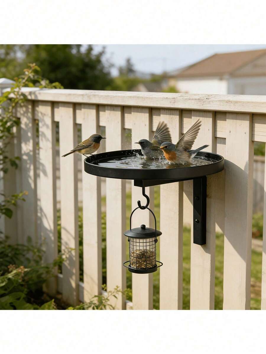 An Outdoor Garden Iron Bird Feeder And Metal Bird Bath In One, Serving Both As A Decorative Flower Rack And A Courtyard/Yard Bird Feeding Station. A Metal Hanging Bird Feeder With A Plant Support, Perfect For Bird Lovers And Home Gardeners.