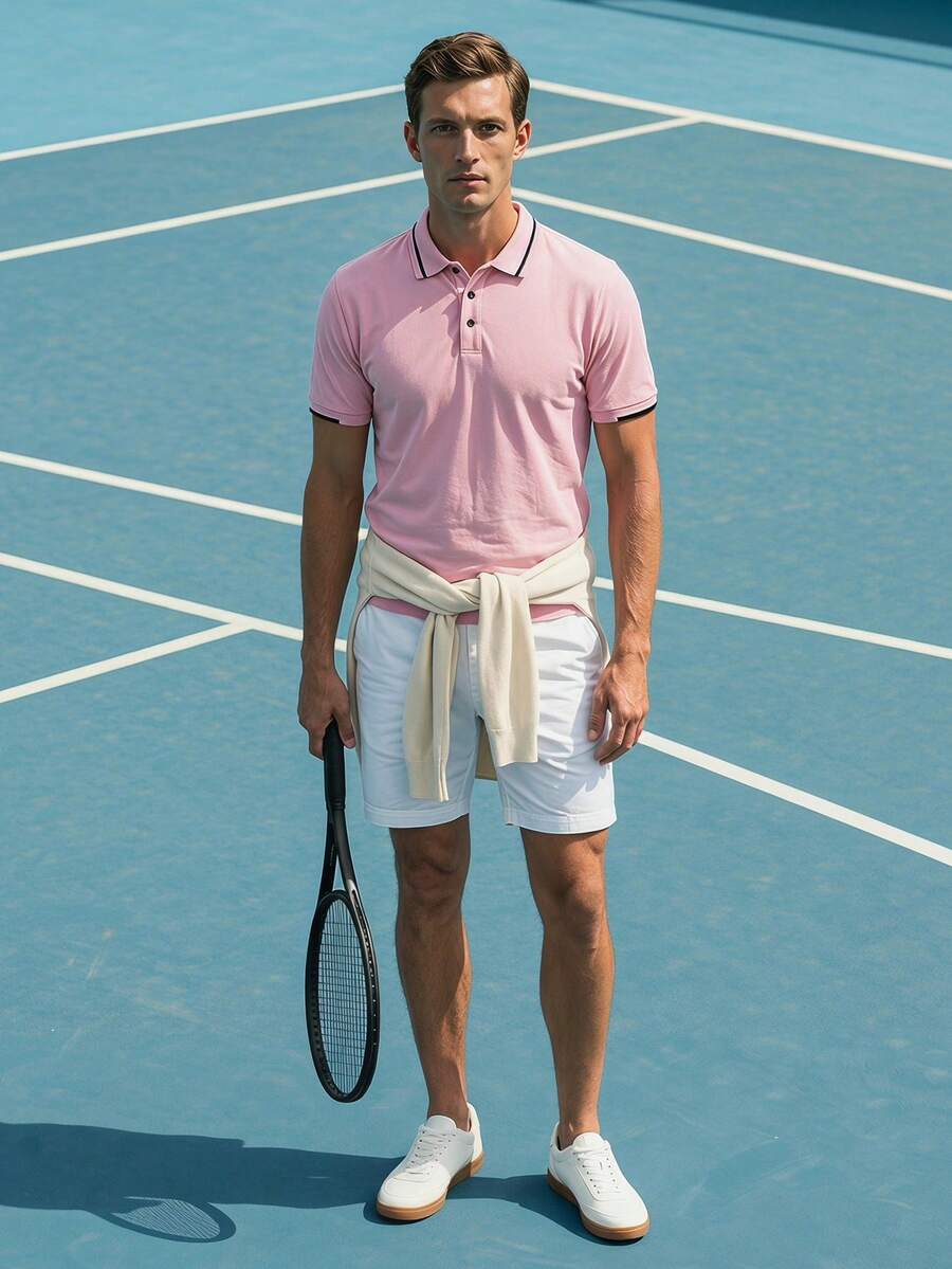 Courvante 男士短袖 Polo 衫,拼色設計,純粉色,適合高爾夫、網球、商務通勤與男友穿搭 - 粉色 - 查看 1