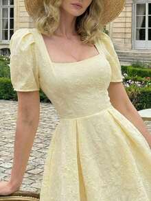 Perirose Women's Light Yellow Cute Square Neck Puff Sleeve Smocked Back Floral Textured A-Line Mini Dress Summer Casual For Date Weekend Party Hangout - Light Yellow - View 2