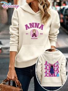 Disney Frozen Anna EST. 2013 Varsity Ice Crystal Two-Sided Hoodie Women Casual Daily Wear Long Sleeve Soft Comfortable Winter Themed Outfit It Is A Gift For Fans And Friends, And It Is Also A Perfect Gift Choice For Lovers And Family. - 杏色 - 查看 1