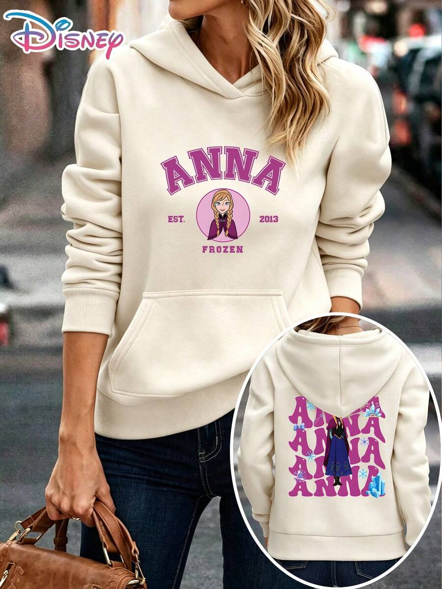 Disney Frozen Anna EST. 2013 Varsity Ice Crystal Two-Sided Hoodie Women Casual Daily Wear Long Sleeve Soft Comfortable Winter Themed Outfit It Is A Gift For Fans And Friends, And It Is Also A Perfect Gift Choice For Lovers And Family. - 杏色 - 查看 1
