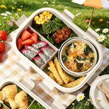 Multi-Compartment Leak-Proof Fresh-Keeping Box With Utensils, Portable Bento Box For Outdoor Picnic, Beige, 1000ml Capacity - Multicolor - View 6