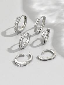 6 Peças/Conjunto Brincos de Argola Elegantes Decorados com Zircônia Cúbica para Uso Diário de Mulheres - Multicolorido - Visão 3