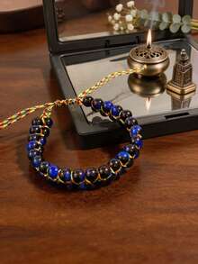 Pulsera de Cuerda Trenzada Estilo Mano con Piedra Natural Ojo de Tigre Azul, Pulsera de Cuerda de Cinco Colores de la Suerte, Piedra del Valor, Pulsera Unisex, Empaque en Caja de Regalo, Apta para Regalar o Uso Personal - Multicolor - Ver 4