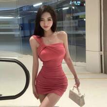 Vestido ajustado plisado de un solo hombro sexy para mujer de verano falda que cubre el trasero - vino tinto - Ver 4