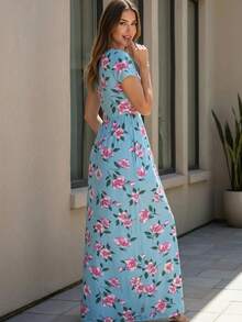 Vestido Largo Casual Cuello Redondo De Manga Corta Holgado Para Mujer - Azul Flores Moradas - Ver 4