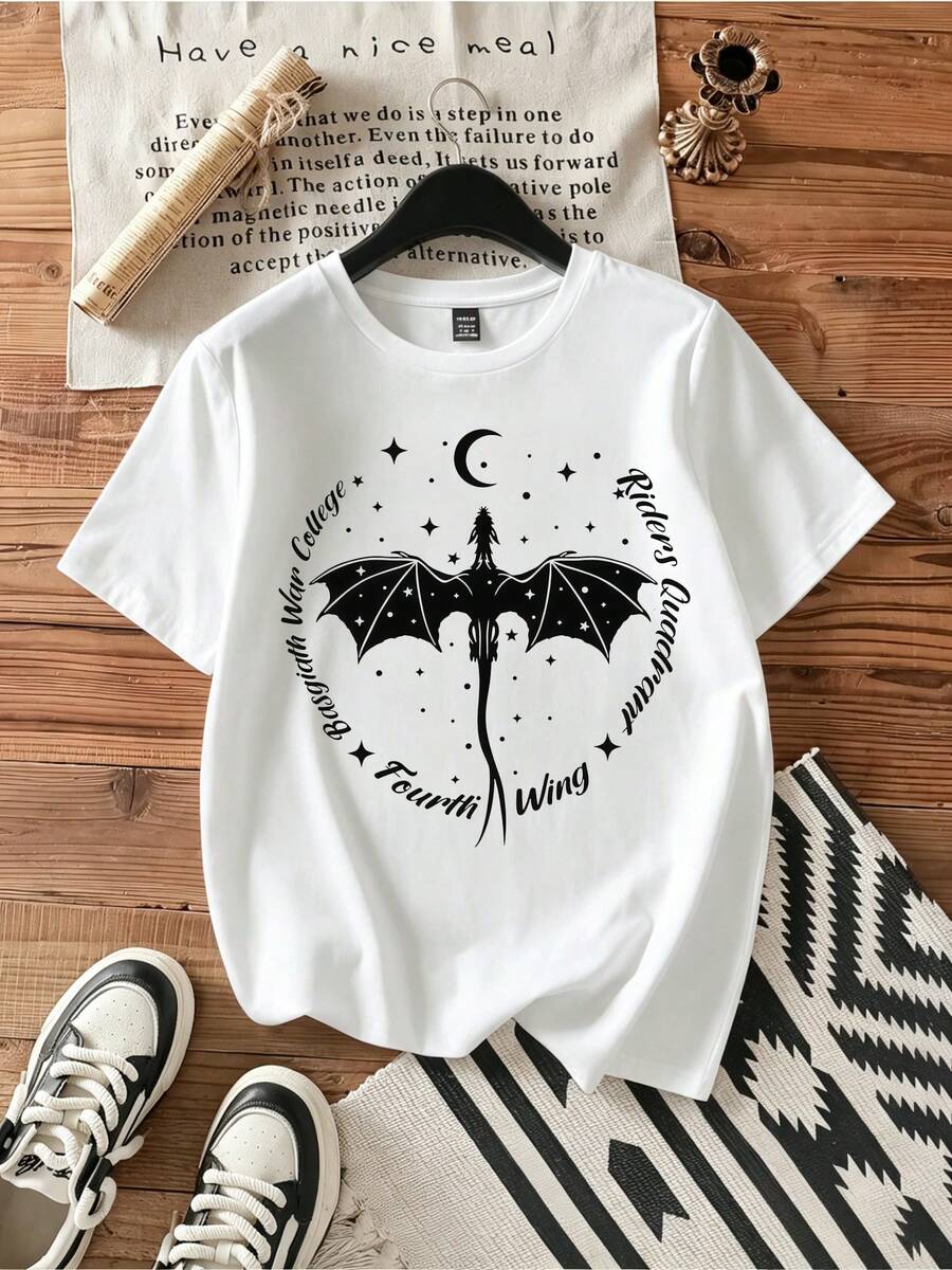 Fourth Wing Basgiath War College Dragon Tee.Vintage Graphic Print Casual Cotton Short Sleeve T-Shirt - White - View 1