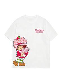 女款夏季 T-shirt，可愛草莓女孩與貓咪印花寬鬆休閒 T-shirt，適合日常甜美女孩風，白色 - 白色 - 查看 4
